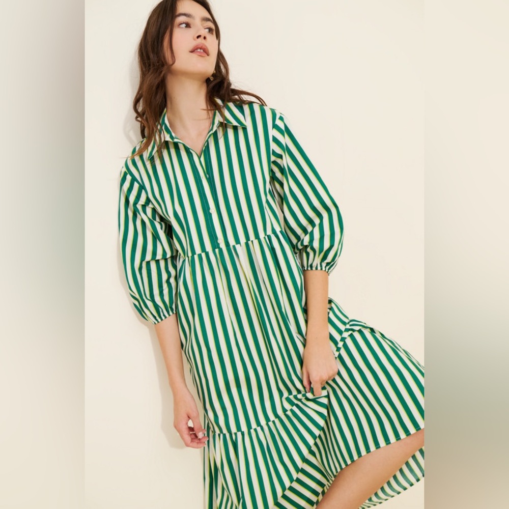 Maeve Green and White Striped Long Sleeve Dress